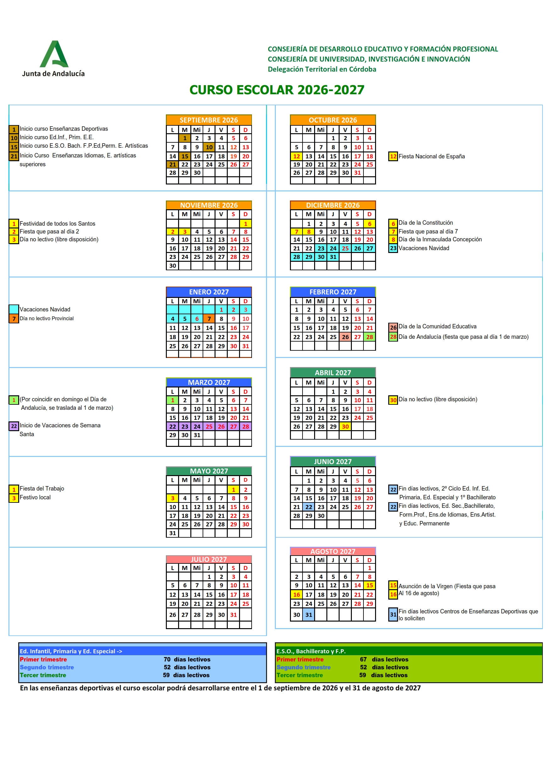 Calendario Escolar 2025/2026. Junta de Andalucia